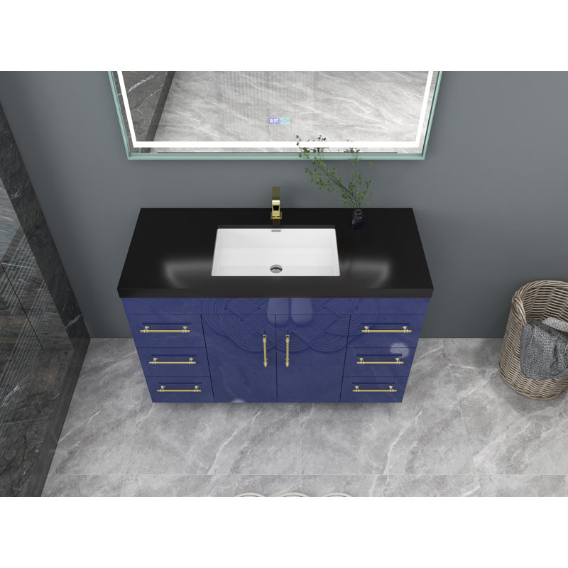 Ensemble de meuble-lavabo simple 48 po Campbell-Johnson, Bleu nuit brillant, Or mat