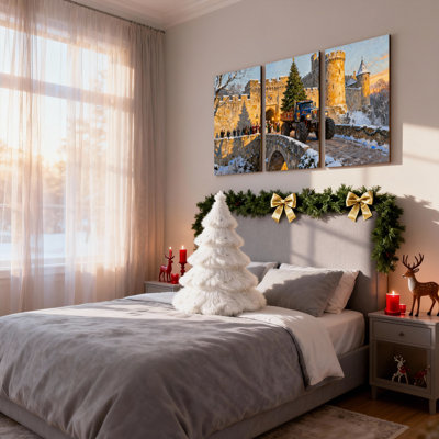 Château de Noël pont camion arbre de Noël neige personnes ensemble de 3 impressions d'art sur toile