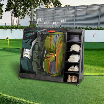 Support de rangement pour sac de golf en bois gris avec 3 tiroirs, pouvant contenir 2 sacs de support et 14+ bâtons, organisateur pour balles de golf, chaussures et accessoires, robuste pour le garage, utilisation intérieure et extérieure, assemblage facile