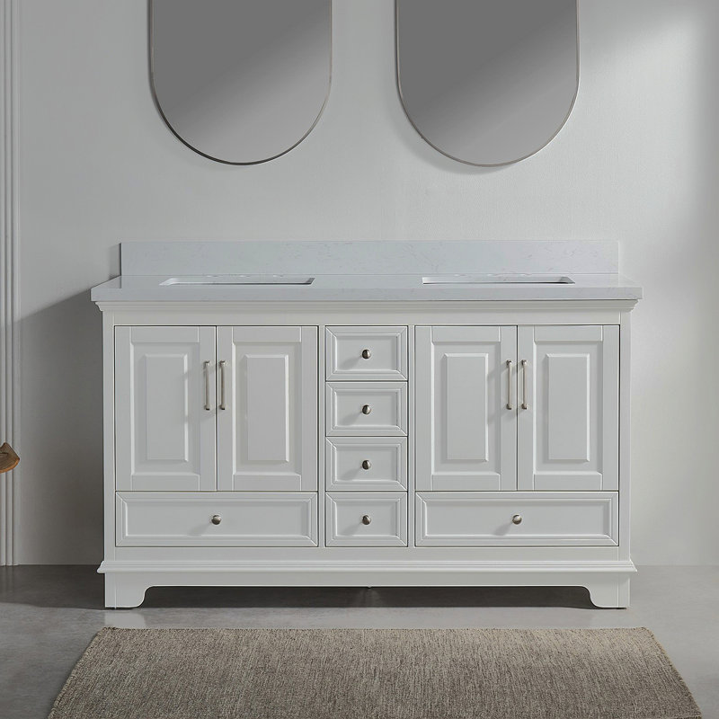Meuble-lavabo double autoportant de 60 po avec pierre artificielle entièrement assemblé, Blanc