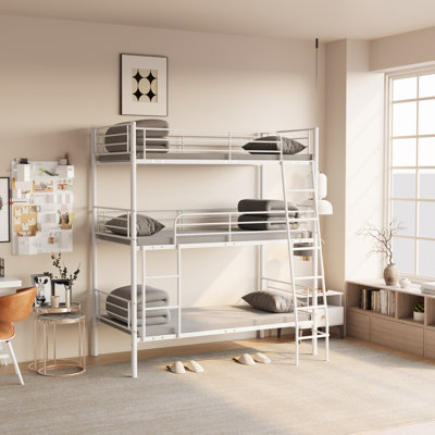Bedroom Dormitory Twin Size White Metal Triple Bunk Bed Can Be Disassembled Into Three Beds