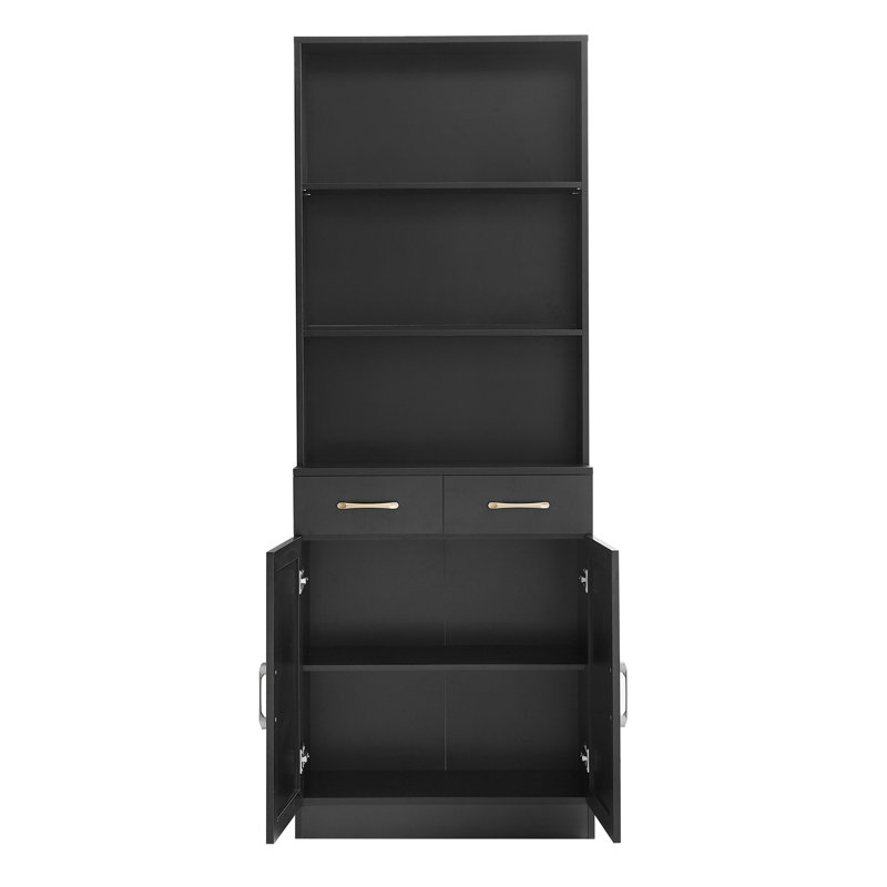 Tall Freestanding Bathroom Storage Linen Cabinet With 3 Layer Open Shelf,2 Doors And 2 Drawers, Adjustable Shelf, Black