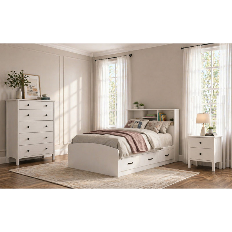 Ensemble de chambre à coucher avec lit de rangement, tête de lit bibliothèque et casiers assortis, White