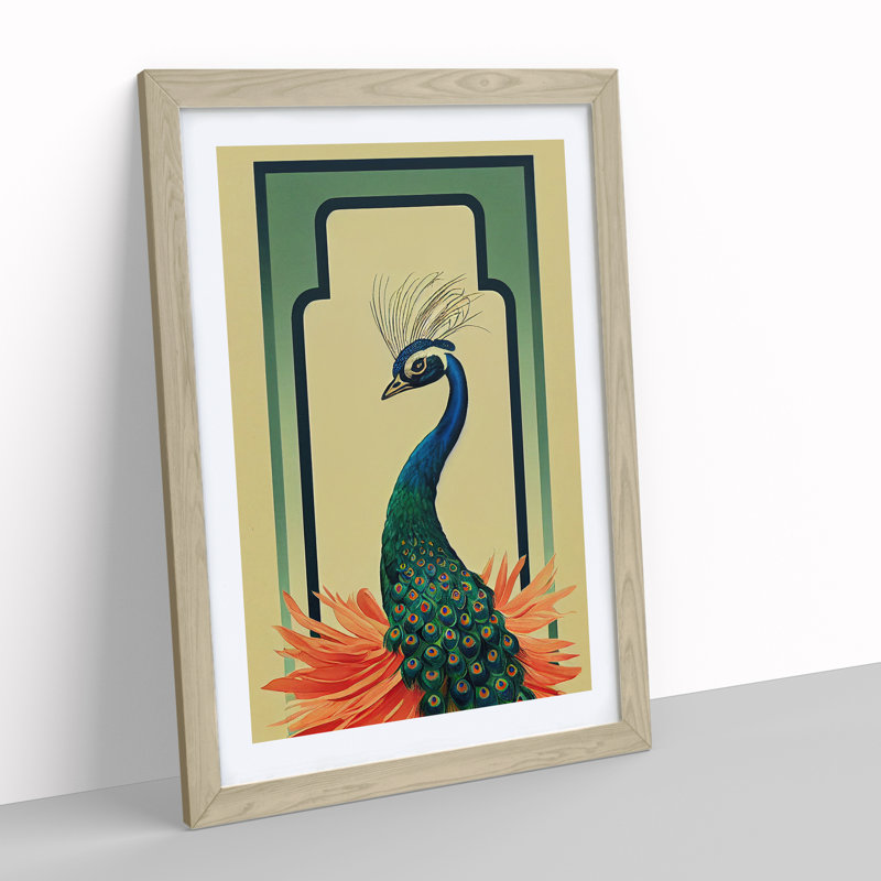Peacock Art Deco No.2 - Framed Print, 64cm H x 46cm W, Oak