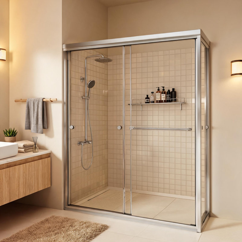 Porte de douche coulissante double semi-encadrée chromée de 44 à 48 pouces avec verre trempé de 6 mm et poignées en acier inoxydable