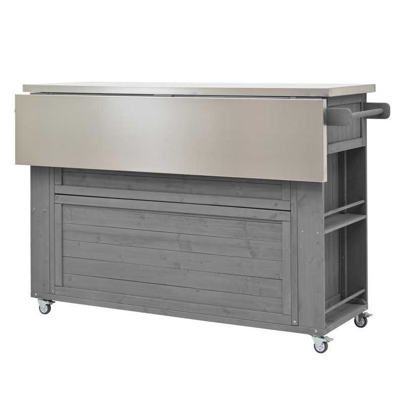 Outdoor Kitchen Island with Stainless Steel Top - Fir Wood Patio Cooking Station with Ample Storage, Towel/Spice Racks and Lockable Wheels, Grey