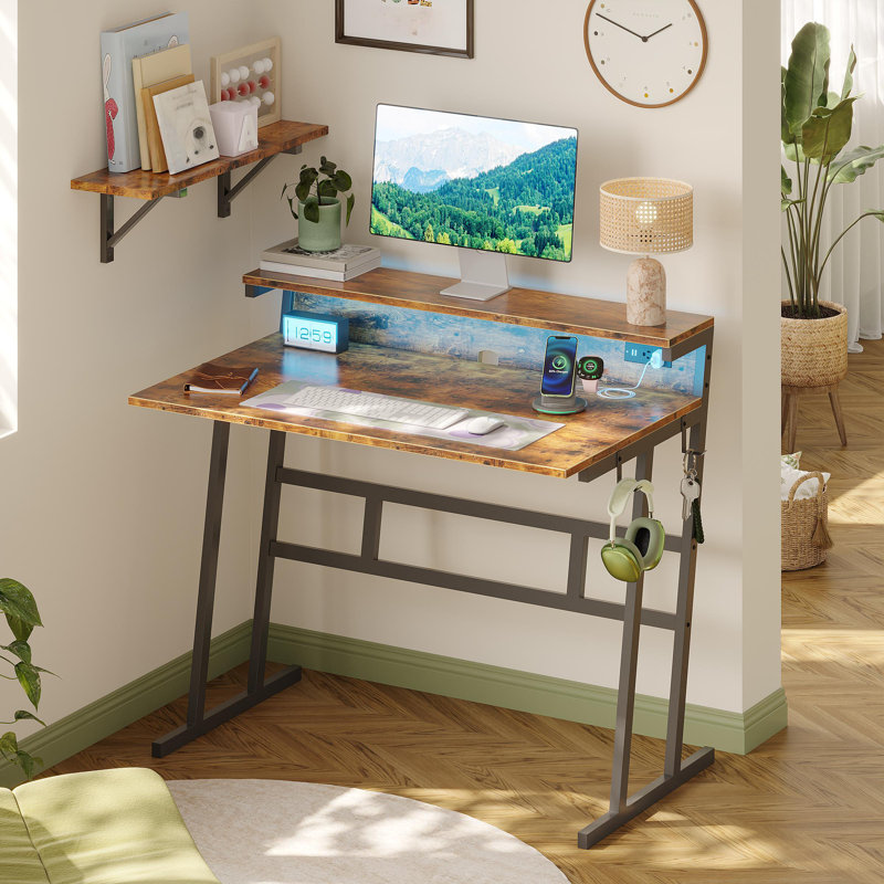 Small Computer Desk,Computer Desk with Power Outlets & Led Light,Home Office Desk with Monitor Shelf,, Brown