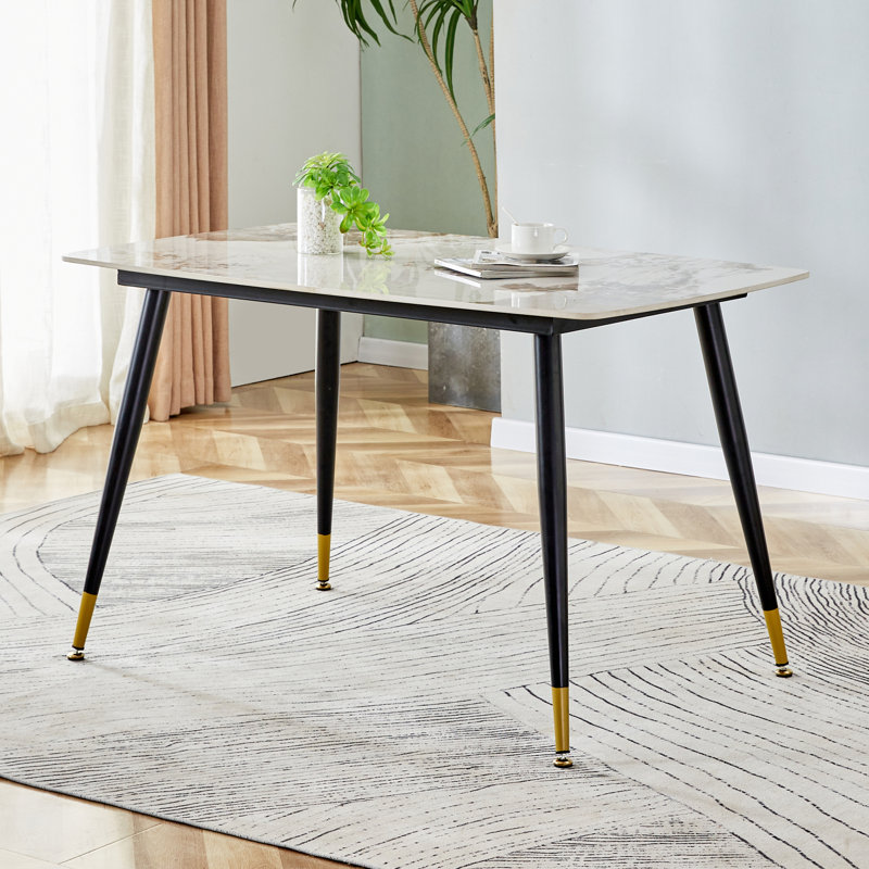 Tishona Faux Marble Top Metal Base Dining Table, Brown/Beige