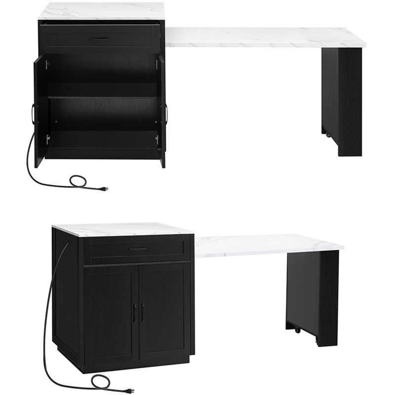 Kitchen Island With Extendable Dining Table, Black/White