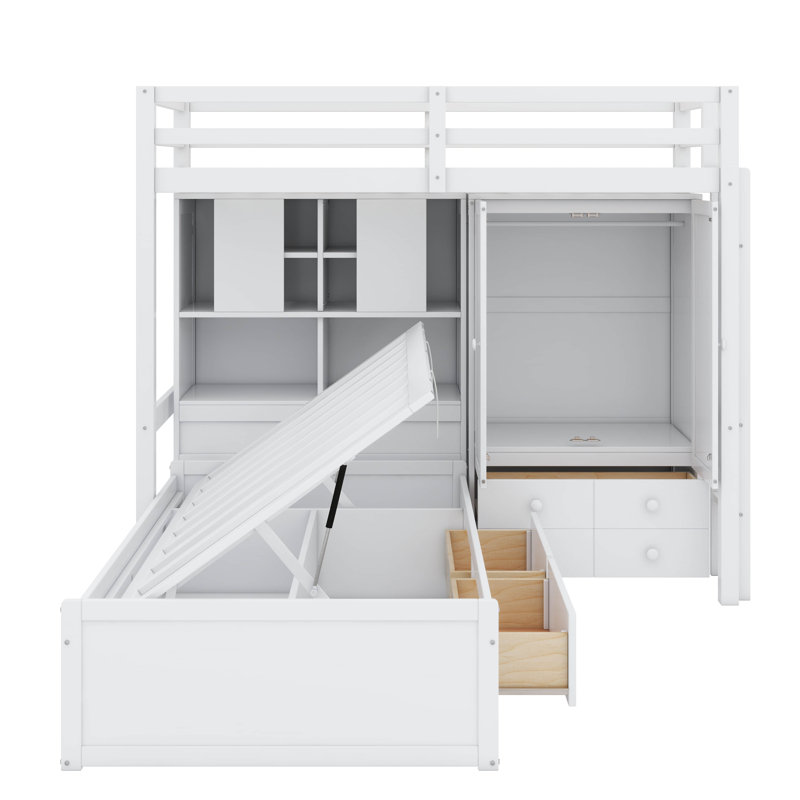 Twin Bunk Bed With Drawers, Wardrobe, Storage Shelves And Hydraulic, White