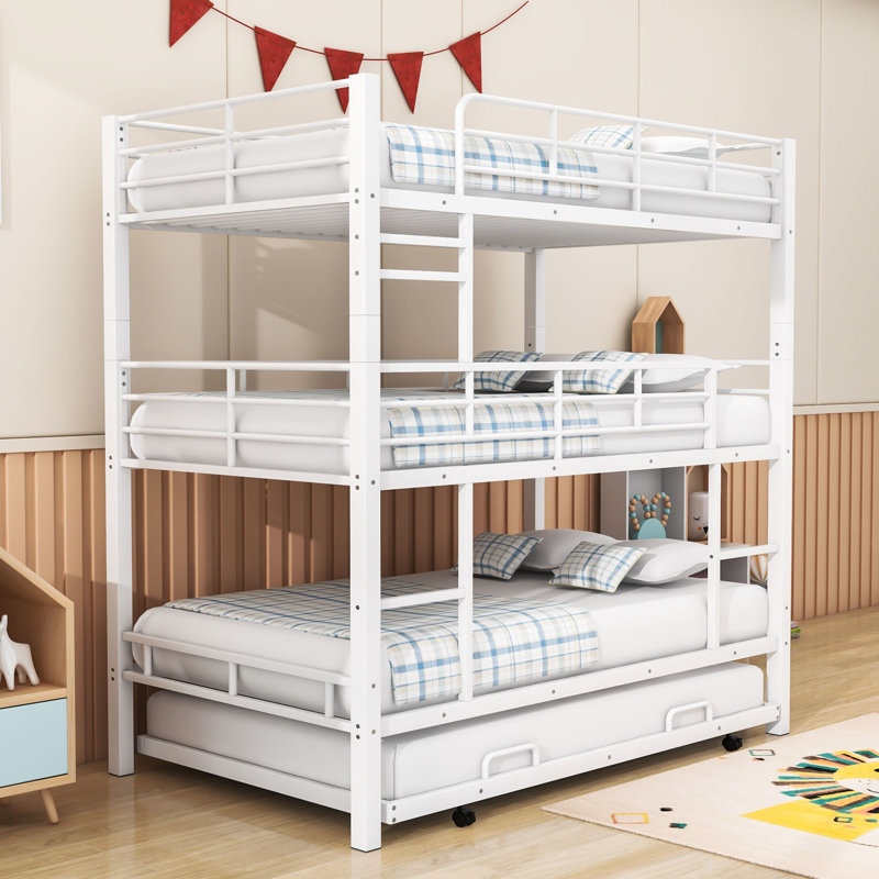 Metal Twin Triple Bunk Bed With Trundle, White