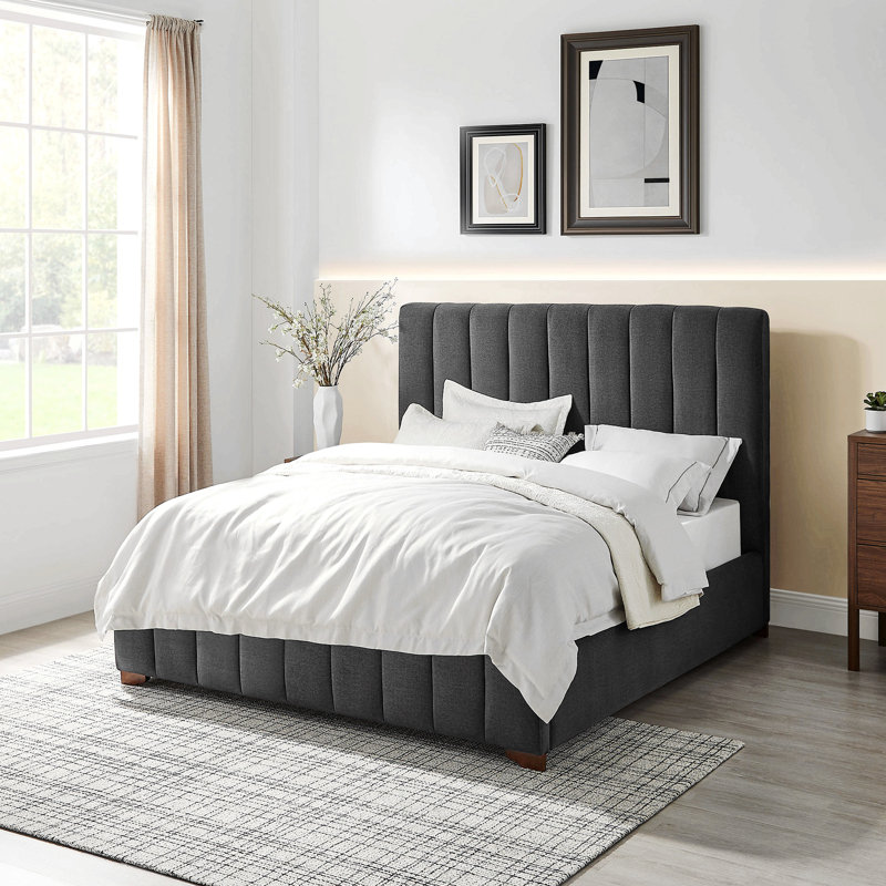 Base de lit plateforme moderne tapissier avec tête de lit, Grand, gris