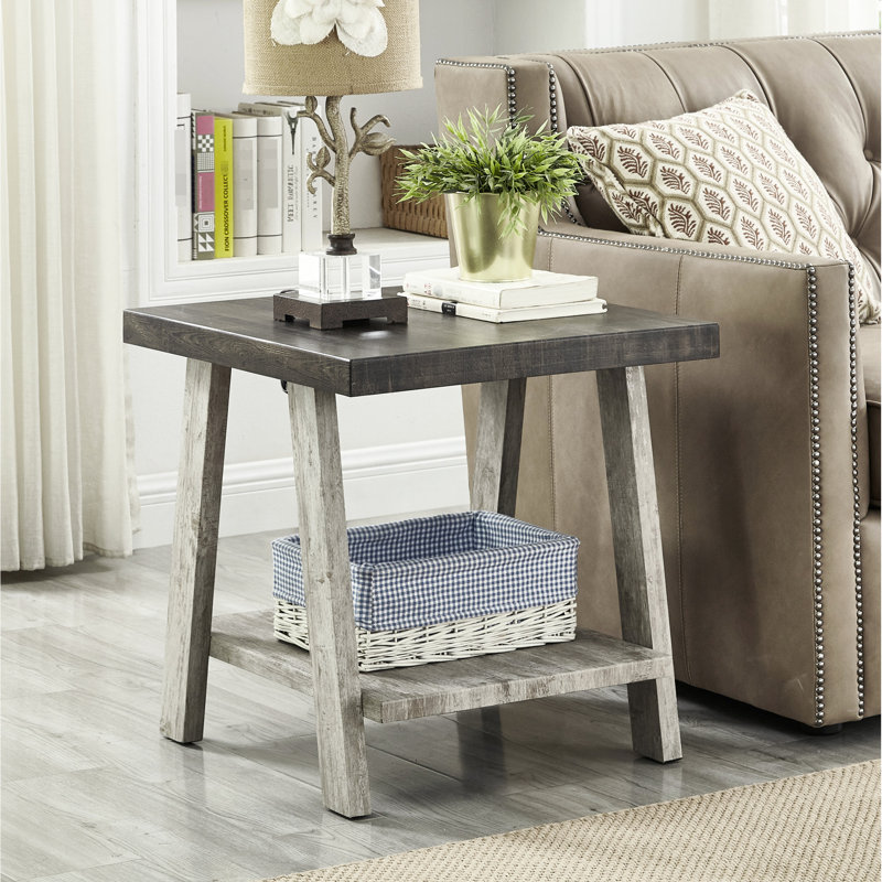 Table de bout en noyer patiné et gris avec tablette fonctionnelle de rangement cachée