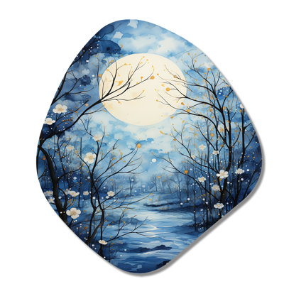Gwennyth, arbre blanc bleu au clair de lune, silhouette I - arbres, forme nébuleuse, art mural en métal