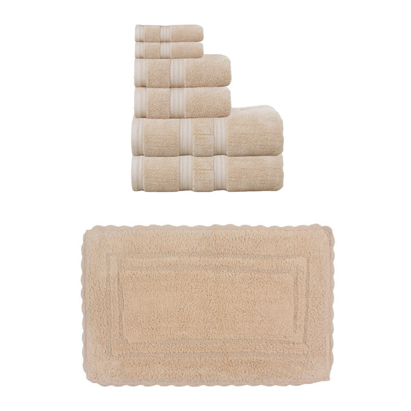 Colson 100% Soft Cotton 2 Pc Bath Towel Set & 1 Pc 21x34" Bath Rug, (Set of 3), Ivory, 7 Piece Towel Set, Linen