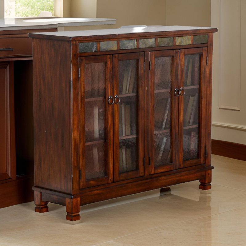Marv Bookcase Cabinet, 4 Waterfall Glass Doors Slate Inlay, Brown/Silver