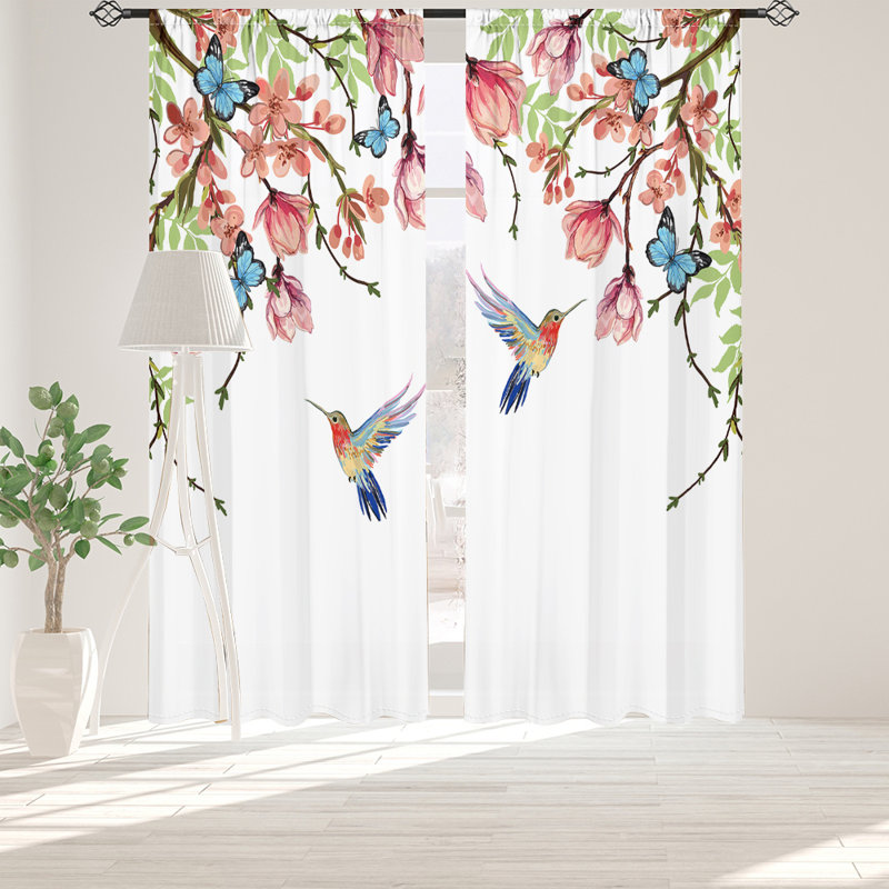 2Pcs Hummingbird Butterfly Floral Sheer Curtains Watercolor Print Window Drapes Colorful Birds Garden Theme Rod Pocket Light Filtering Panel for Living Room Bedroom Kitchen Dining Home Decor