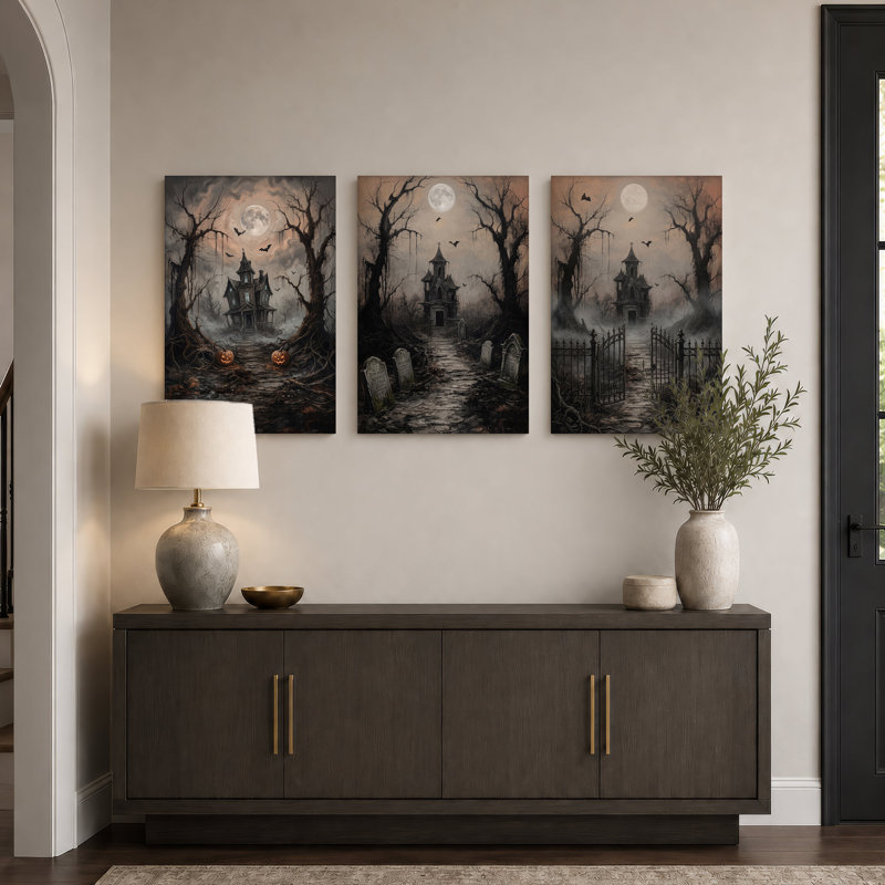 Ensemble de 3 toiles murales gothiques représentant une maison hantée et un chemin de cimetière, sur le thème d'Halloween.