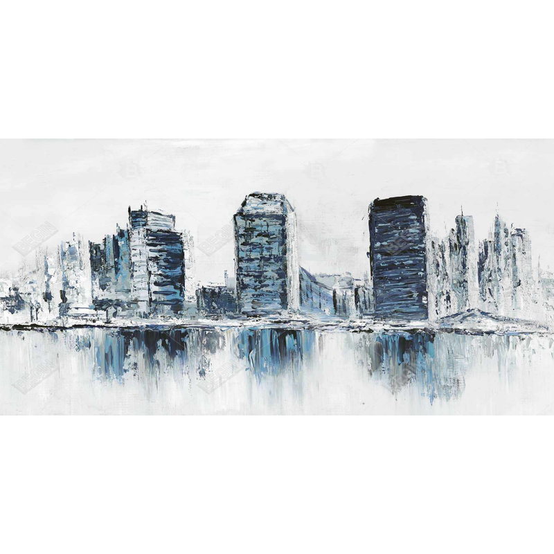 Toile texturée bleue avec paysage urbain | Décoration de chambre contemporaine