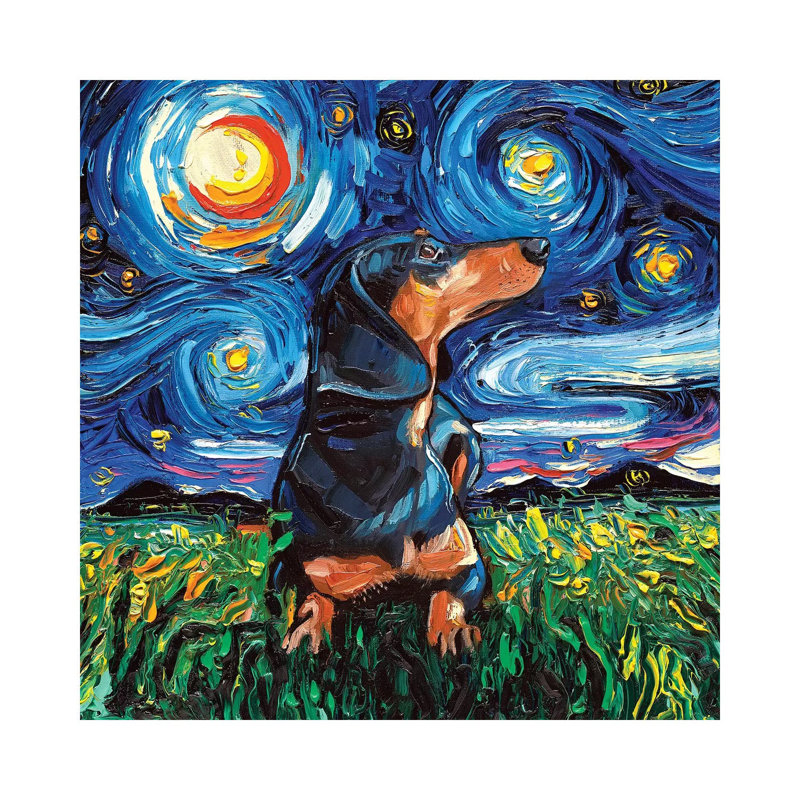 «Black and Tan Dachshund Night» par Aja Treves - reproduction d'art, H 12 po x l 12 po x P 0,75 po, Toile tendue