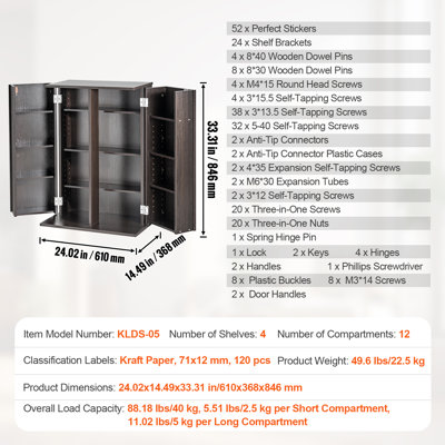 Meuble de rangement multimédia, rangement pour CD pouvant contenir jusqu'à 576 CD, meuble pour DVD avec portes et étagères, étagère à DVD réglable, protège et organise vos CD, films, jeux vidéo ou collections - Espresso