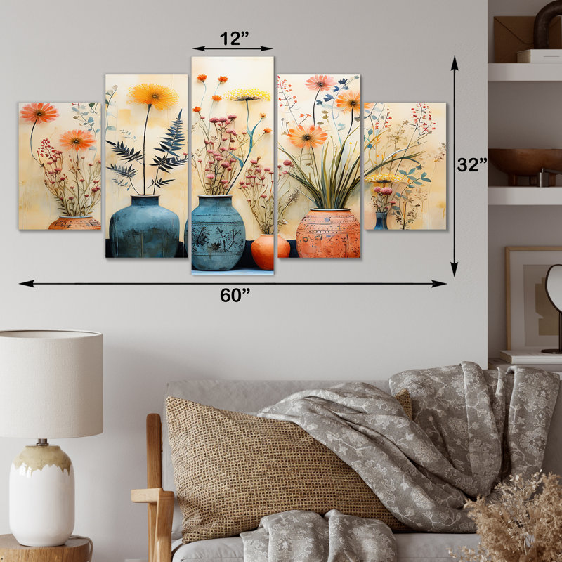 «Blue Floral Watercolor Pottery IV - Boho Pottery», ensemble d'art mural
