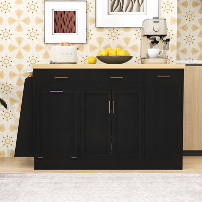 Modern Kitchen Island with Trash Bin Compartment, Sliding Doors, 3-Tier Spice Rack and Adjustable Storage