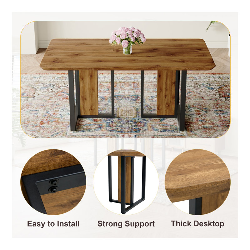 Ensemble de table et de chaises Ensemble de table de salle à manger en bois aggloméré texturé 67 po x 36 po avec chaises en tissu brun. Autocollant MDF, autocollant texturé de couleur bois, pieds de chaise de salle à manger en C noir, convient à la