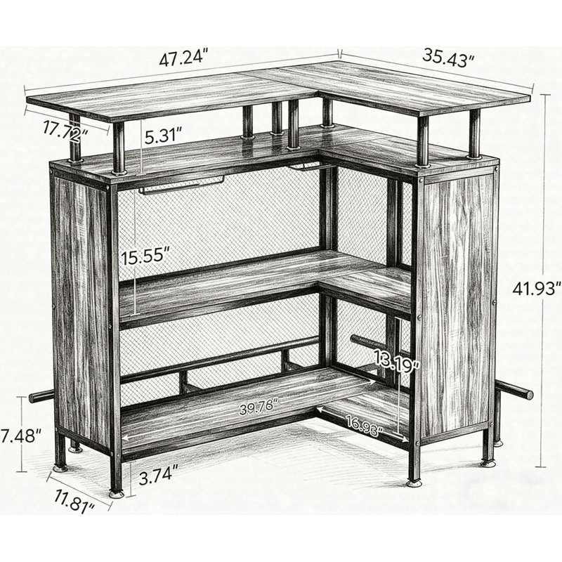 L-Shaped Home Bar Unit With Storage, Corner Bar Table With Wine Glass Holder For 12 Glasses, Liquor Cabinet With Shelves & Footrest