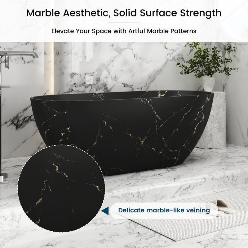 CASAINC 59" Solid Surface Freestanding Soaking Bathtub With Marble Look