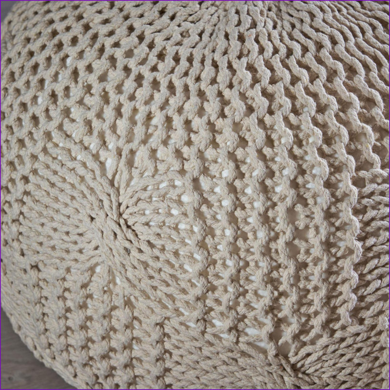 Ottoman Round Knitted Cotton Pouf – Multi-Use Ottoman/Floor Cushion, Beige | Beige | Cotton, Beige