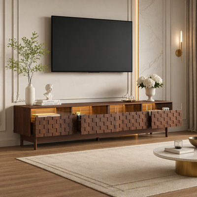 Meuble télé - téléviseurs de 85 po ou moins, centre de divertissement moderne avec lumières DEL, console de télévision avec tiroirs en verre pour la chambre à coucher, le salon