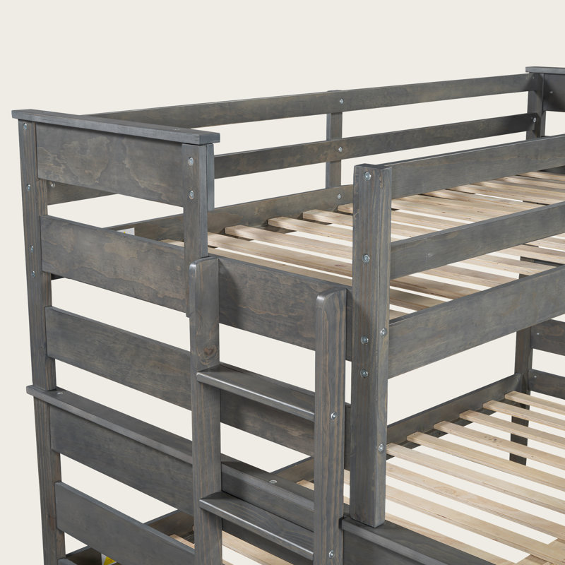 Wood Twin XL over Queen Convertible Bunk Bed with Ladder, Detachable Design, Solid Pine Frame, No Box Spring Required, Gray