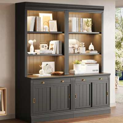Modern Black Bookcase Suite 83.4" Tall, Featuring Led Lighting, Sliding Doors, Two Drawers And Open Shelving, Solid Wood Frame Thickened For Stability 83.4"Tall In With Strip Adjustable Shelves,