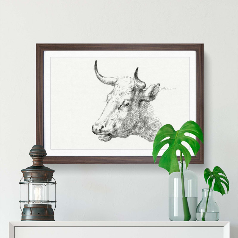 Head of a Cow by Jean Bernard - Picture Frame Drawing Print, 48cm H x 65cm W x 2cm D, Walnut Framed