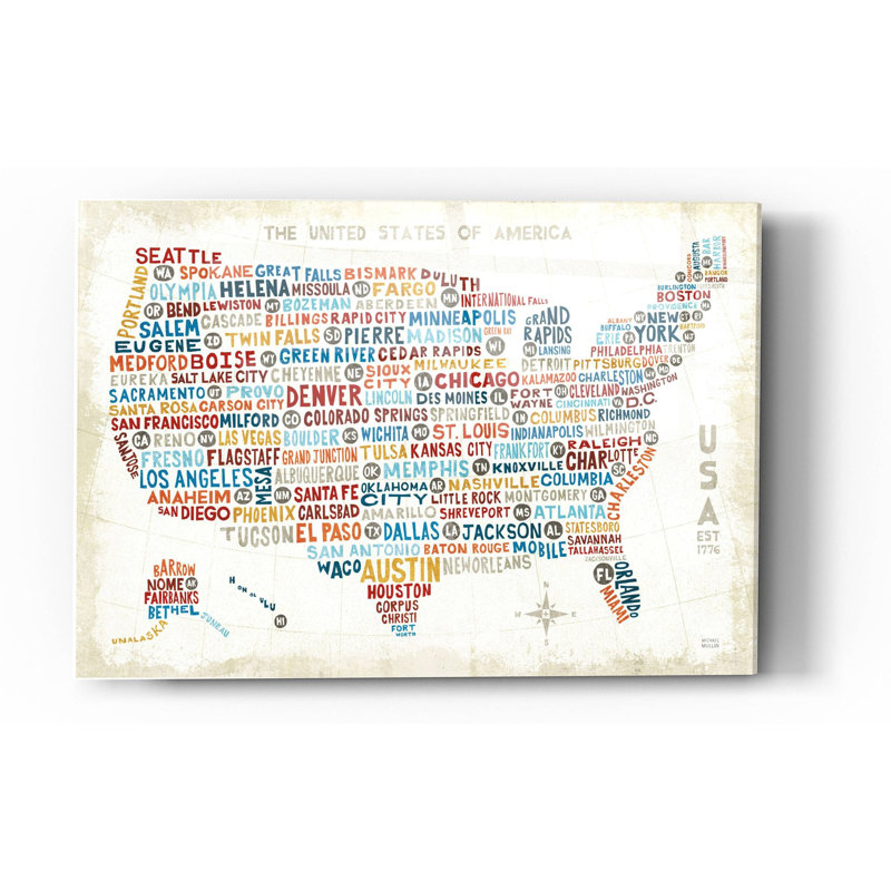 «US City Map» par Michael Mullan, art mural en verre acrylique, H 24 po x l 36 po x P 0,2 po