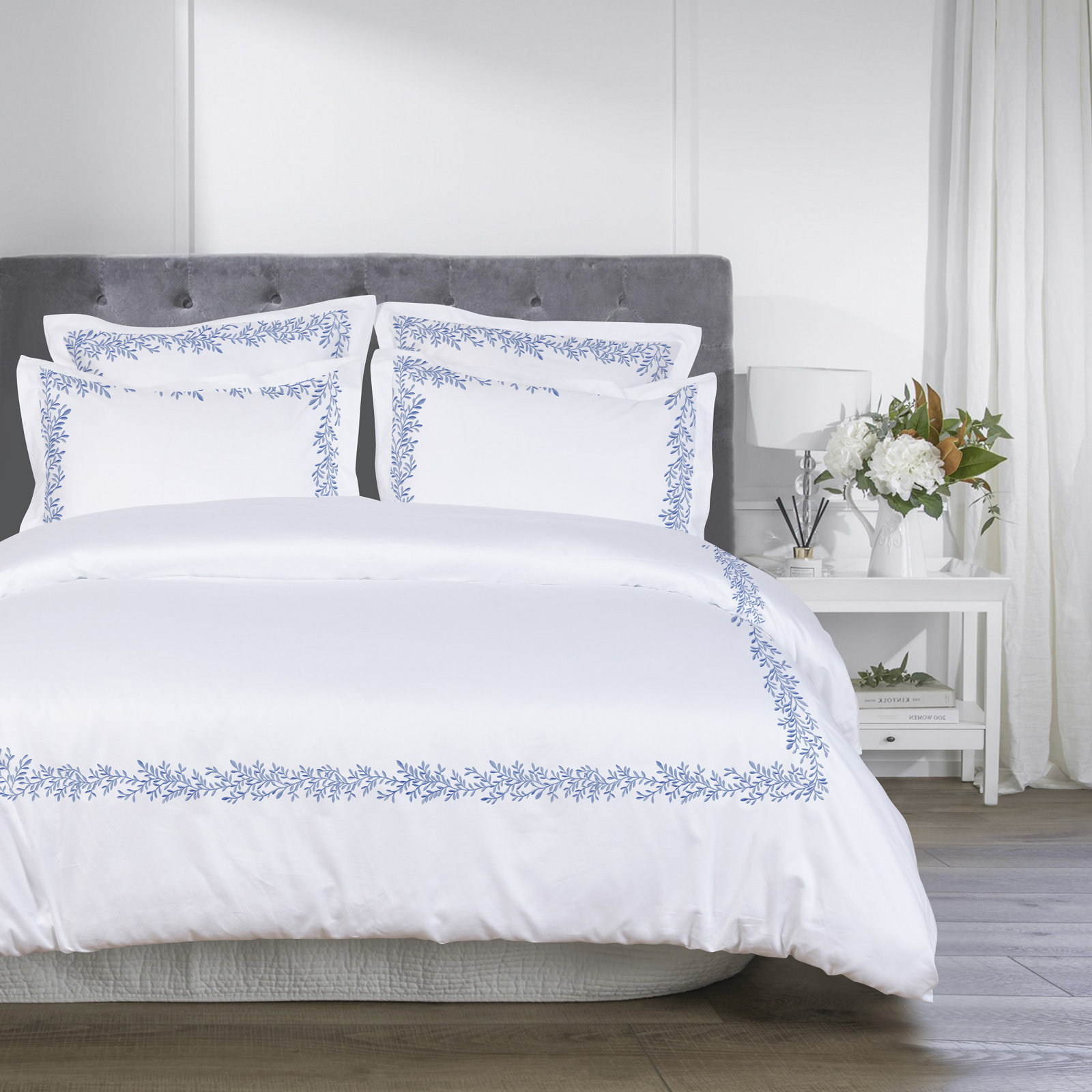 Benna Sateen Duvet Cover Set, Blue/White, King Duvet Cover + 2 King Shams