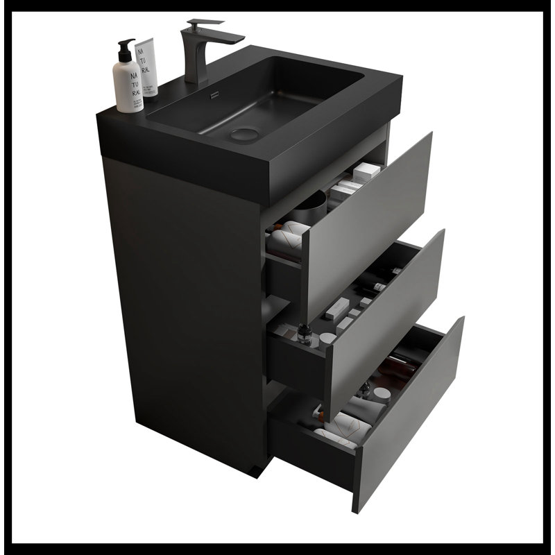 37/24 24.00'' Free Standing Single Bathroom Vanity with Ceramic Top, Gray, Black