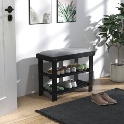 Banc à chaussures en bambou, banc d'entrée à 3 niveaux avec rangement et coussin, range-chaussures pour entrée, couloir, peut supporter jusqu'à 331 lb, 23,6 po x 11,4 po x 19,3 po, blanc