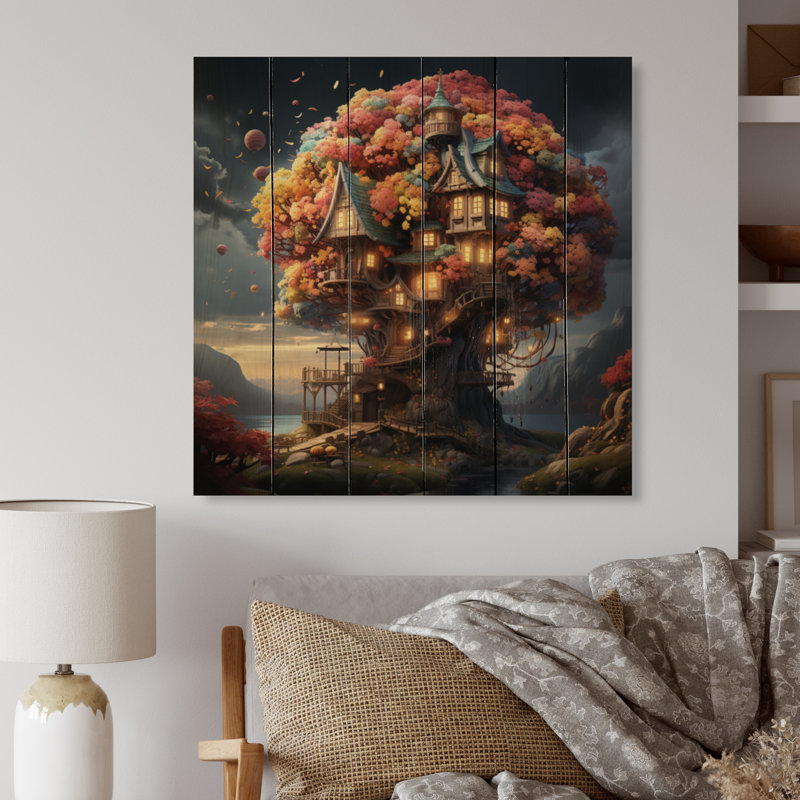 La cabane dans l'arbre I, impression Vangogh sur bois de pin naturel, H 35 po x l 35 po x P 0,78 po
