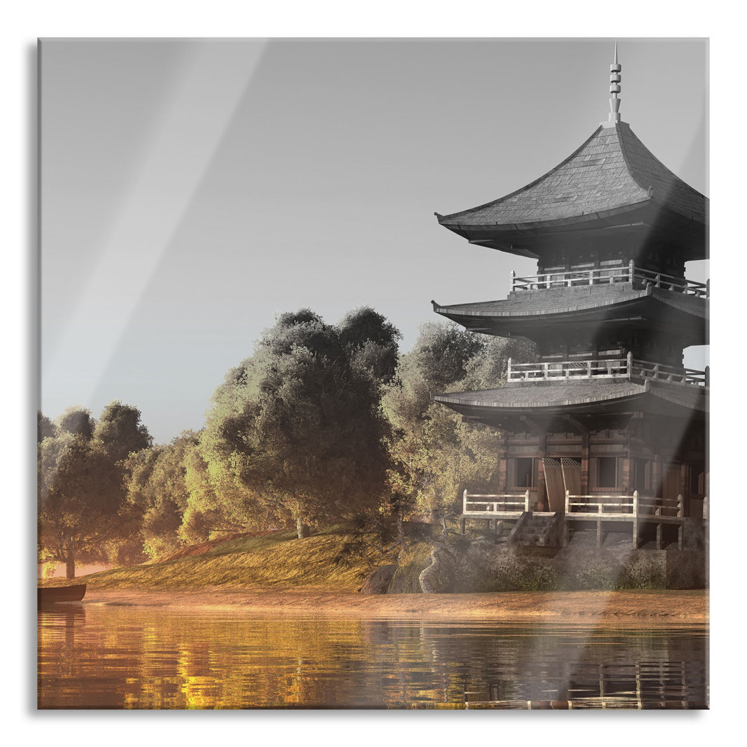 Ungerahmter Grafikdruck auf Glas "Asian Temple on a Lake"