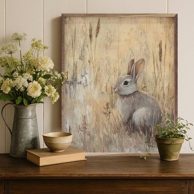 Lapin dessiné dans de hautes herbes par Petals Prints Design, H 30 po x l 24 po