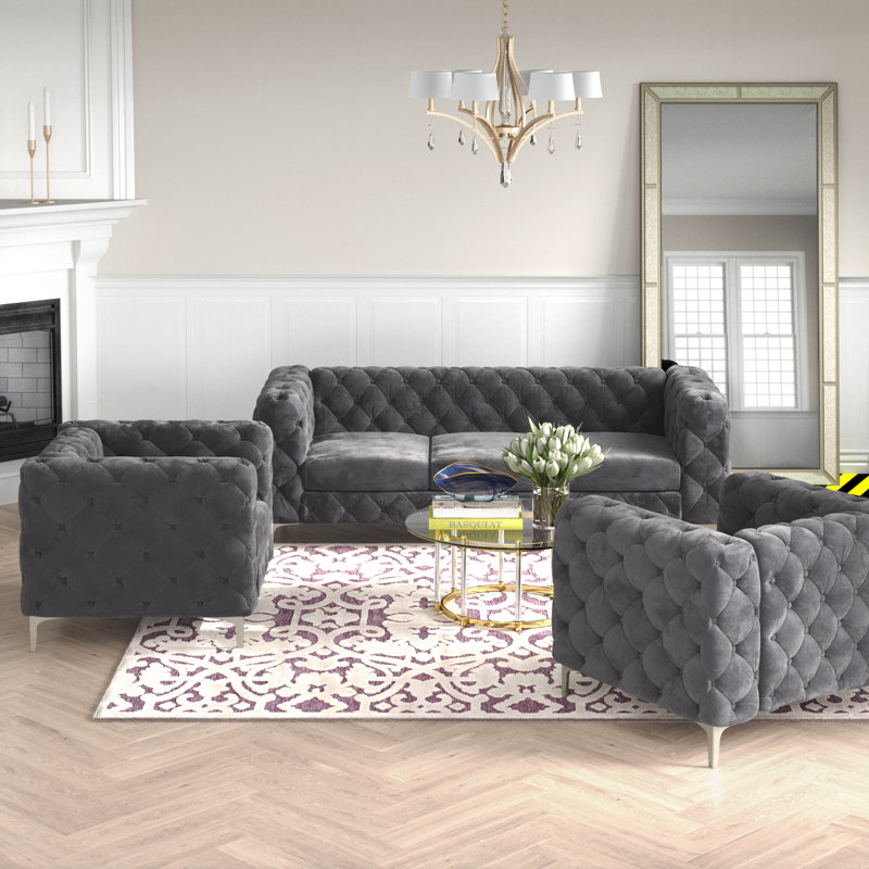 Ensemble de salon en velours 3 pièces Goetten, Gris, Argent
