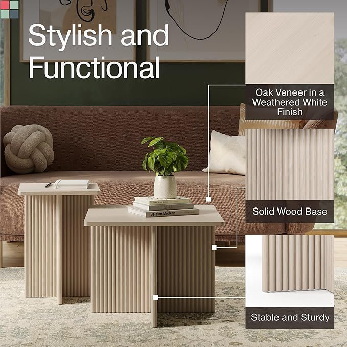 Square Fluted Nesting Coffee Table 2pc Set- White