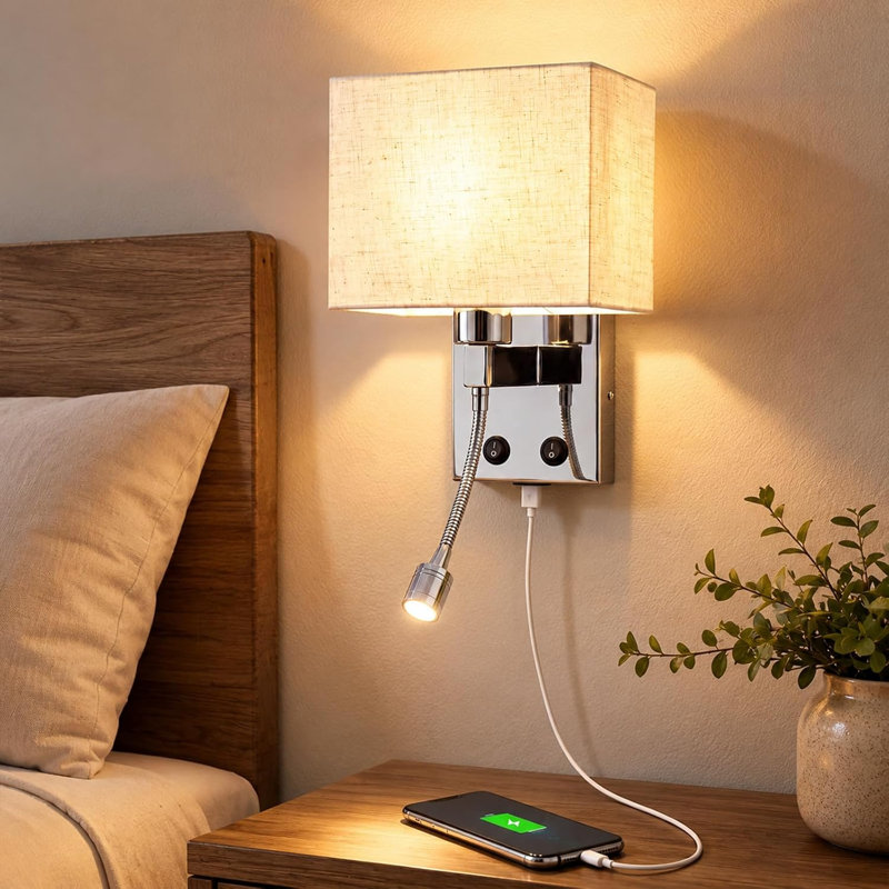 White Fabric USB Reading Wall Sconce