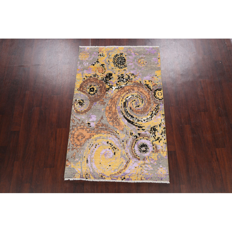 Tapis oriental contemporain abstrait à motif végétal noué à la main 4 x 6