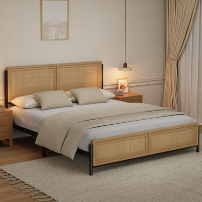 Boho King Size Bed Frame with Natural Rattan Headboard and Footboard, Wooden King Platform Bed No Box Spring Needed, Noise-Free Easy to Assemble Mattress Foundation