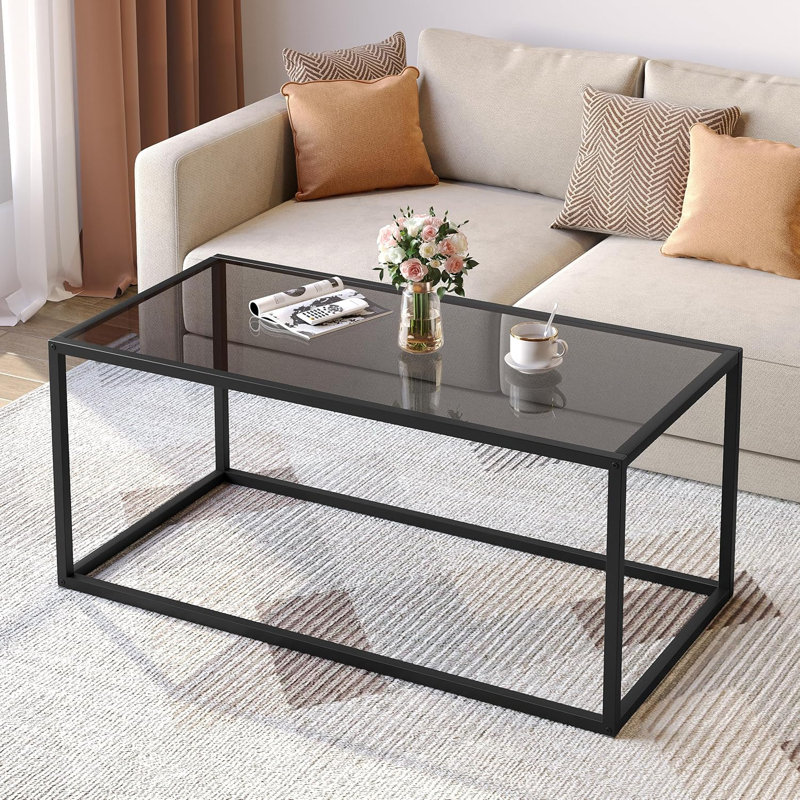 Table basse moderne en verre avec structure en métal, table de centre rectangulaire minimaliste pour le salon, le bureau personnel, la conception à aire ouverte, le plateau en verre trempé