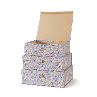 Boîtes de rangement décoratives en carton bleu et blanc avec quincaillerie dorée - ensemble de 3, Volière - Boîtes empilables avec couvercles pour la décoration et l'organisation, design élégant