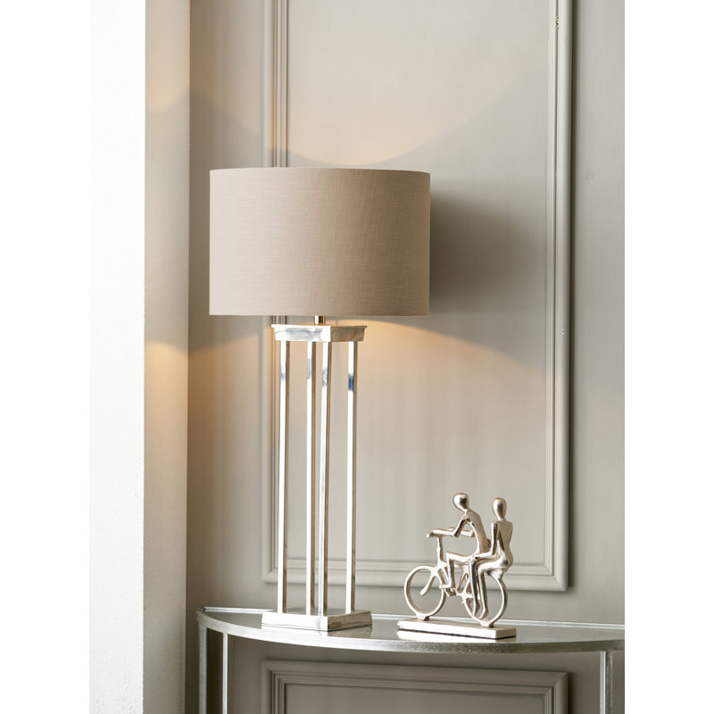 Metal Table Lamp, Silver, Linen, Grey